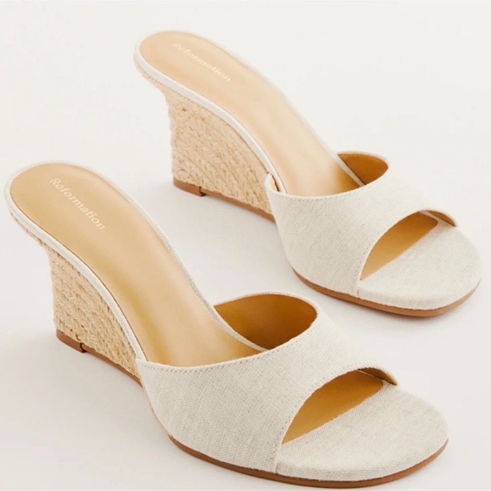 Reformation Cream Woven Espadrille Wedge Slides